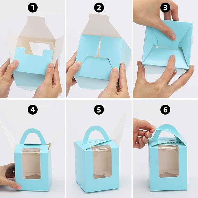 acDesign 100Pcs Cupcake Boxes 3.6in*3.6in*4.3in Single Cupcake Carrier With Window Handle and Inserts for Wedding Birthday Party Gift (Blue)