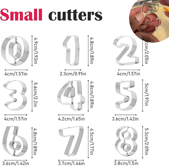 Small Number Cookie Cutters (1.8 Inch), Birthday Numbers 0-9 (6 Reverses to 9), Stainless Steel Cookie Cutters for Baking, Number Shaped Baking Tool for Homemaking Biscuits, Cookies and Dough,9 Pieces