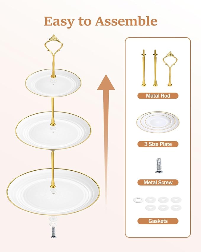 Lzerking 13pcs Dessert Table Display Set, 6 3-Tiered Cupcake Stands (3round & 3square) with 4 Trays & 3 Tongs, White Gold Plastic for Wedding, Tea Party, Baby Shower Decor, Birthday Party Decoration