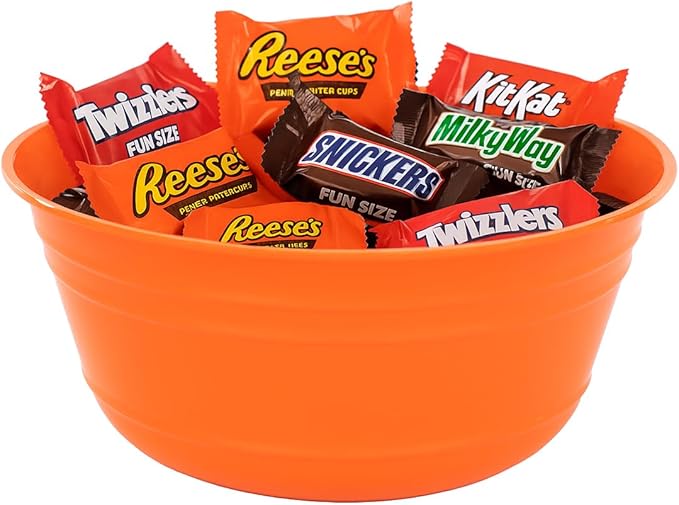 Mintra Home Plastic Bowls (4L Large 2pk, Orange) -10.75W x 4.5inH - large orange plastic bowl for popcorn, snacks, drinks, candy, Halloween, trick or treat bowls - 2 Pack