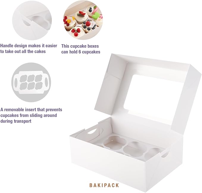 25 Cupcake Boxes, White Cupcake Boxes 6 Count with Window and Inserts, Cupcake Holders for Cupcakes, Muffins, Cookies, Pastries