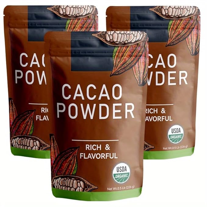 226g/3pack, Ultra-Fine Organic Cacao Powder ， Gourmet Baking Grade, Non-Alkalized Pure Cocoa for Brownies & Cookies, Dairy-Free, Vegan Certified, Resealable Bag