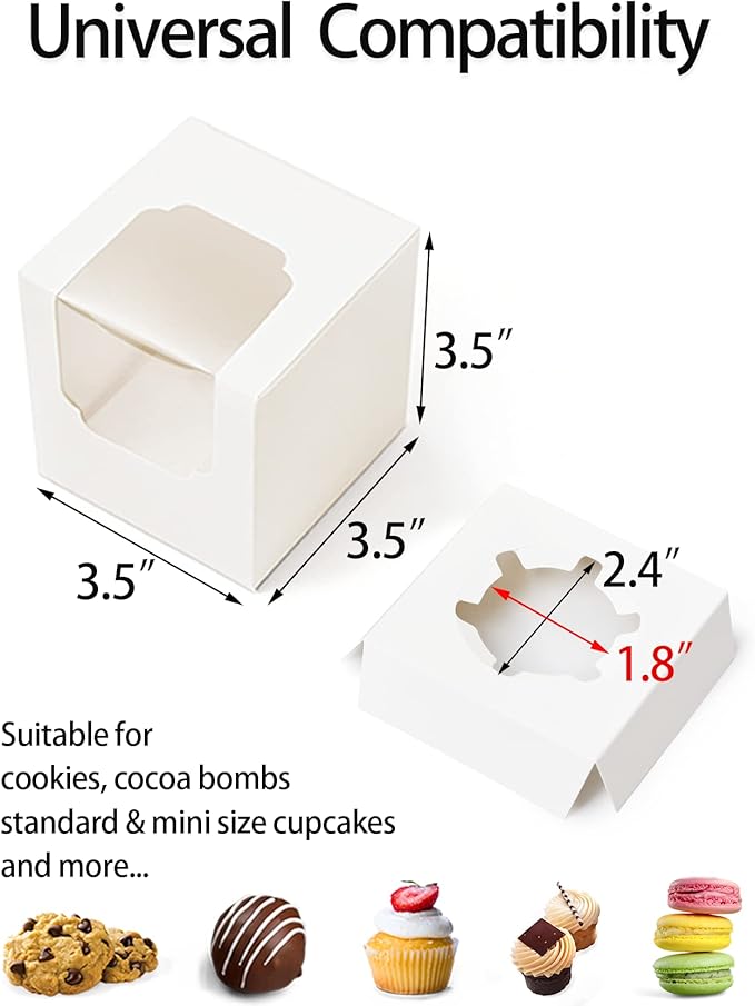 Happyhiram Cupcake Boxes 200 Pcs Bulk white Individual Cupcake Box, Single Cupcake Containers Paper Holders with Inserts and Window for Muffins Cocoa Bombs Packaging Togo Boxes