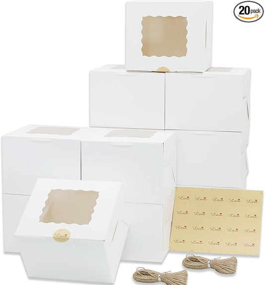 20 pcs Cake Boxes 6x6x5Inch Bakery Boxes with Window White Cupcake Boxes