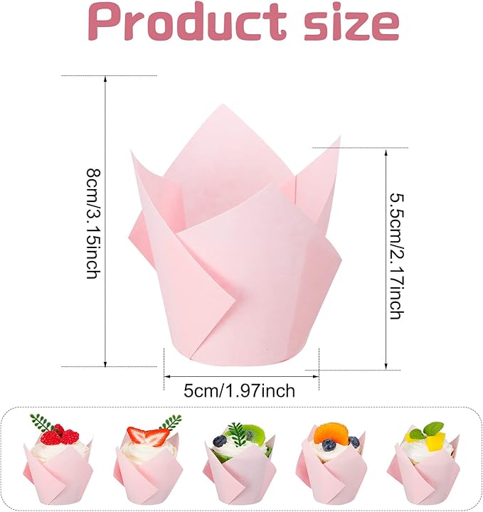 Jutom 200 Pack Tulip Cupcake Liners Paper Baking Cups Greaseproof Muffin Liners Grease Resistant Cupcake Wrappers for Weddings Birthday Cake Balls Muffins Candy Jelly Party(Pink)