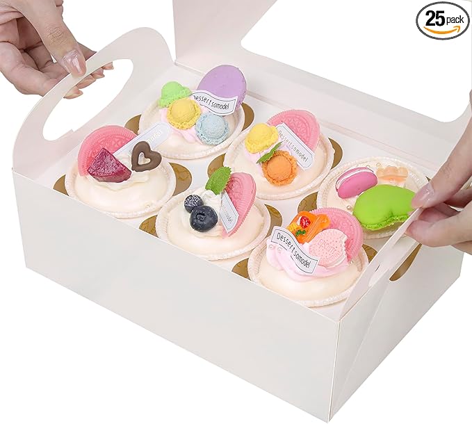 25 Cupcake Boxes, White Cupcake Boxes 6 Count with Window and Inserts, Cupcake Holders for Cupcakes, Muffins, Cookies, Pastries
