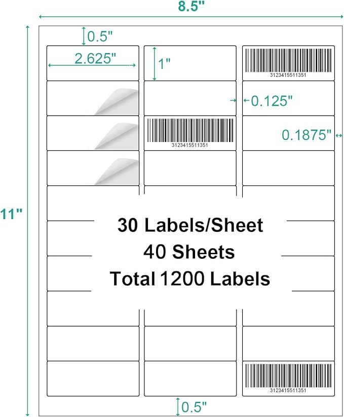 1200 Labels 40 Sheets Address Label Sticker for Laser & Inkjet Printer, 1" x 2-5/8" White Blank Printable Shipping Address Labels, Strong Adhesive for FBA Label, Easy to Peel
