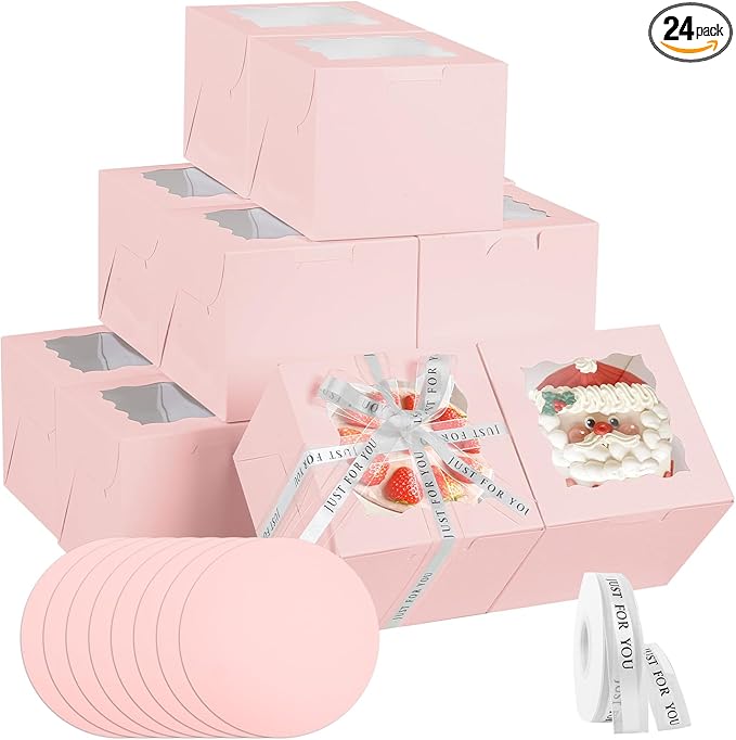 JCD 48PCS 6x6x5 Inches Cake Boxes,(24 Boxes &24 Boards) Pink Bakery Boxes with Window for Pastries,Cake Containers with Ribbon for Christmas Wedding Birthday Party (Pink/6 * 6 * 5inch/24pcs)