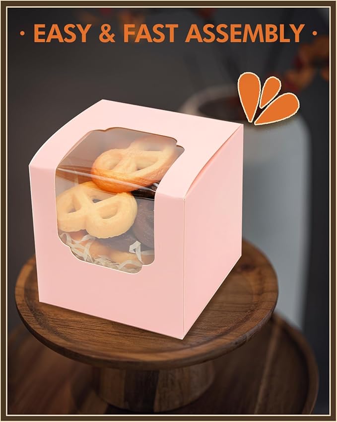 Bakepacker Auto-pop up Cupcake Boxes 100-Packs Individual Cupcake Container Pink 3.5" x 3.5" x 3.5" Single Cupcake Boxes
