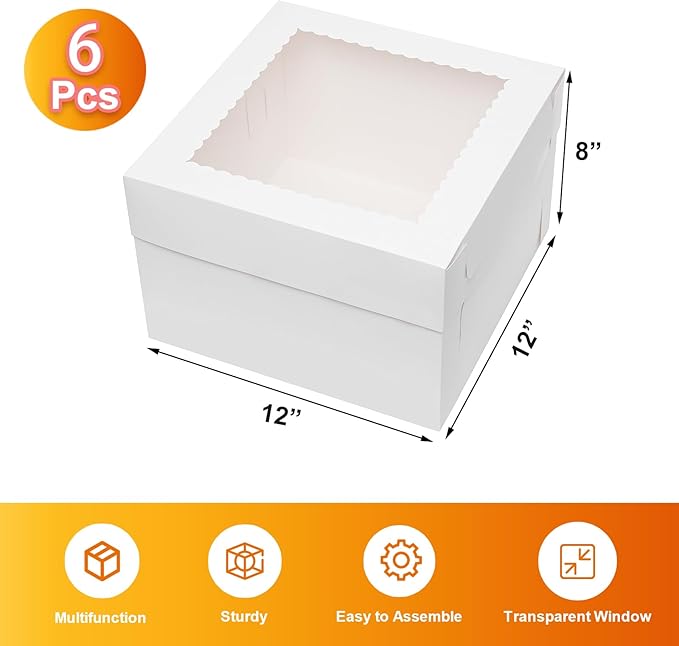 6 Pack Cake Boxes for Tier Cakes 12x12x8 Inch Disposable Layer Tall Baking Carrier with Window Large Cardboard Tierd Bakery Take Out Transport Containers for Wedding, Birthday, Party