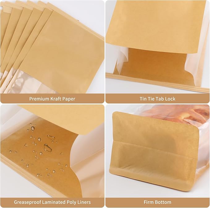 50Pcs Bakery Bags with Window, 5.1 x 3.9 x 11 Inches Kraft Paper Cookie Bags, Resealable Tin Tie Tab Lock Bags for Packaging, Bread Storage Bags, Coffee Bean Bags, Candy Bags