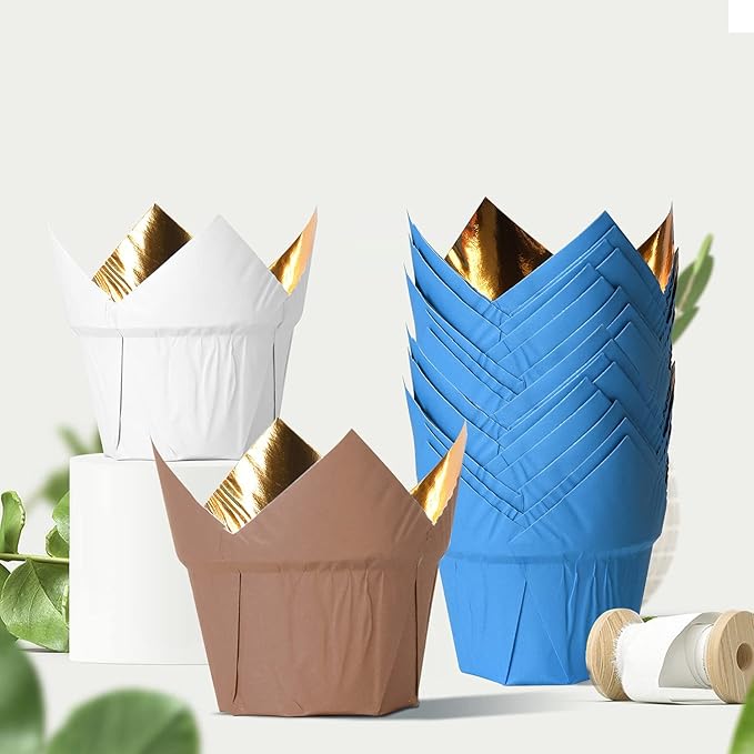 Party Hippo Gold Tulip Cupcake Liners 100 Pcs Baking Paper Cups Holders Greaseproof Muffin Cases Wrappers for Wedding Birthday Party Baby Shower (Pink)