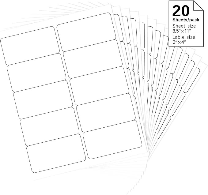 2''x 4" Address Labels, 200 Label Stickers- Laser/Ink Jet Printer Mailing Labels, 8.5"x11" White 20 per Sheet