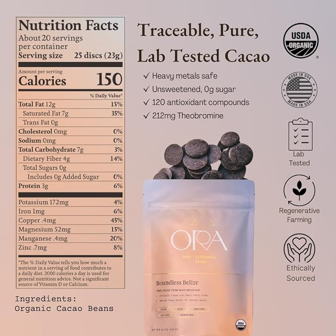 ORA Ceremonial Cacao - Boundless Belize - Organic 100% Cacao - Ethical - Regenerative - High Flavanol - Coffee Alternative - Better Energy - Heavy Metals Tested - Unsweetened - 16oz