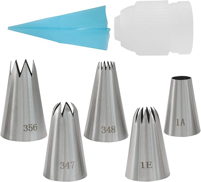 5 Pcs Large Piping Tips (1A 1E 348 347 356), Stainless Steel Frosting Icing Tips with Coupler & 12In Silicone Pastry Bag, Baking Tools for Birthday Cakes/Cupcakes/Cookie