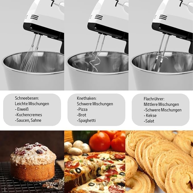 Stand Mixers, 7 Speeds With 3QT Stainless Steel Bowl, Stand and Hand Mixer with Dough Hook, Whisk, Mixing Beater for Baking, Cake, Cookie, Kneading (GU1)