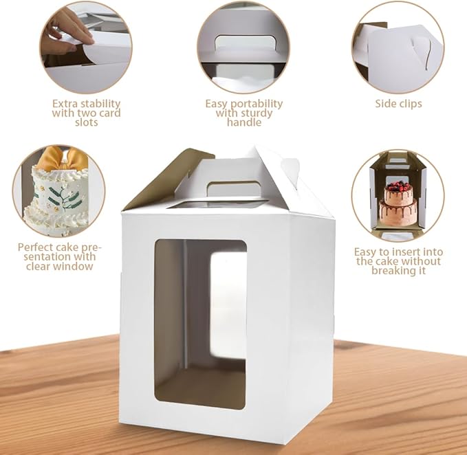 2 Pack Cake Boxes with Cake Boards and Cake Stickers, 12 Inch Tall Cake Carrier with Window&Handle, Layer Cake Box, Disposable Cake Containers/Carrier for Wedding Birthday