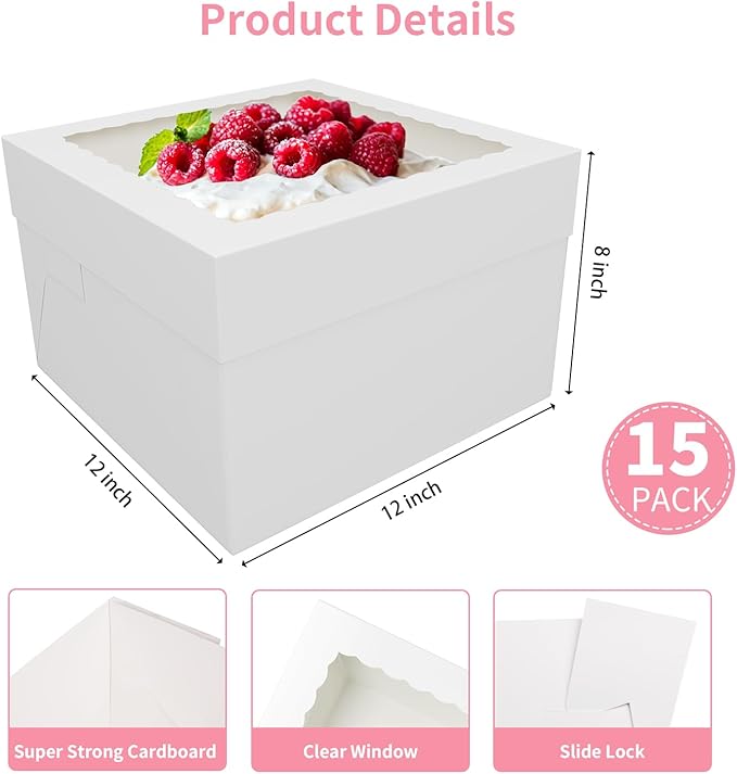 15 Pack 12x12x8 Inch White Cake Boxes with Window - Disposable Bakery Boxes for Cakes, Cupcakes, Cookies, and Pastries