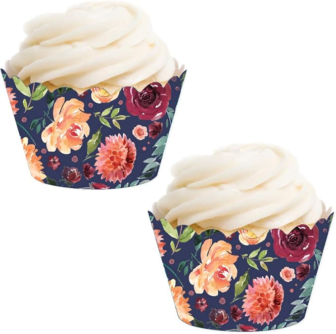 Andaz Press Party Cupcake Wrapper Decorations, Burgundy and Peach Florals on Navy Blue, 24-Pack, For Girls 1st Birthday Baby Bridal Shower Tea Party Themed Decorations