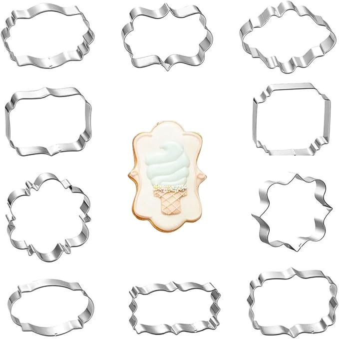 10PCS Stainless Steel Plaque Frame Cookie Cutters - Variety Shapes Fondant Cutters for Baking,Wedding,Birthday,Christmas,Metal Biscuit Molds for DIY Decorations