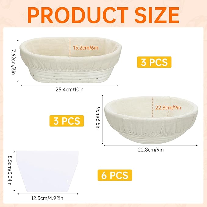 6 Pack Banneton Bread Proofing Basket 10 Inch Oval and 9 Inch Round Proofing Bowls for Sourdough Bread Baking with Liner and Dough Scraper