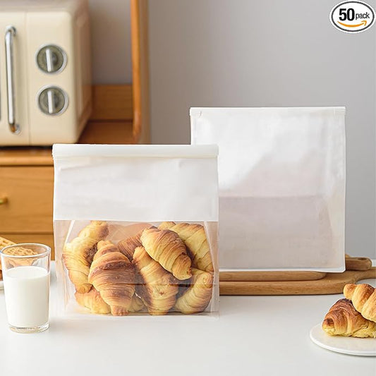 50 Pcs 8.6 Inch White Kraft Paper Bread Bags with Tin Tie, Large Homemade Bread Packing Bag, Thickened Storage Bagel Bag with Clear Window for Sourdough, Baked