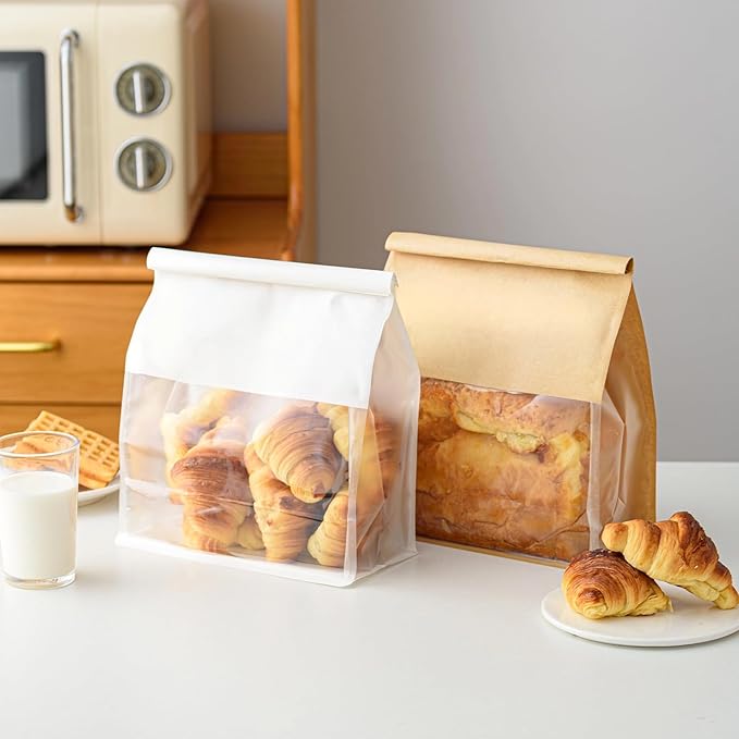 50 Pcs Large Brown Kraft Paper Bread Bags with Tin Tie, Homemade Bread Packing Bag, Thickened Storage Bagel Bag with Clear Window for Sourdough, Baked 11" x 4.3" x 8.6"