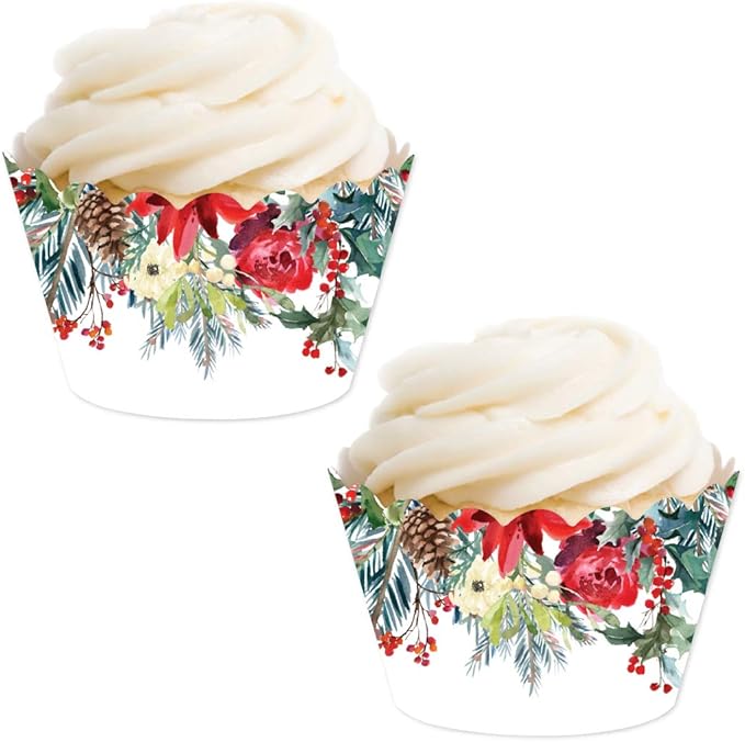 Andaz Press Party Cupcake Wrapper Decorations, Christmas Holiday Flowers and Leaves, 24-Pack, For Girls 1st Birthday Baby Bridal Shower Tea Party Themed Decorations