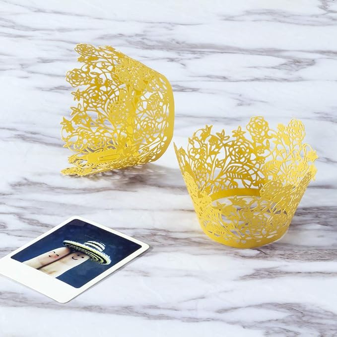 YOZATIA 60pcs Gold Rose Lace Cupcake Wrappers Holders, Laser Cut Cupcake Liners Decorative Liners for Wedding Party Birthday Cake Decoration Supplies