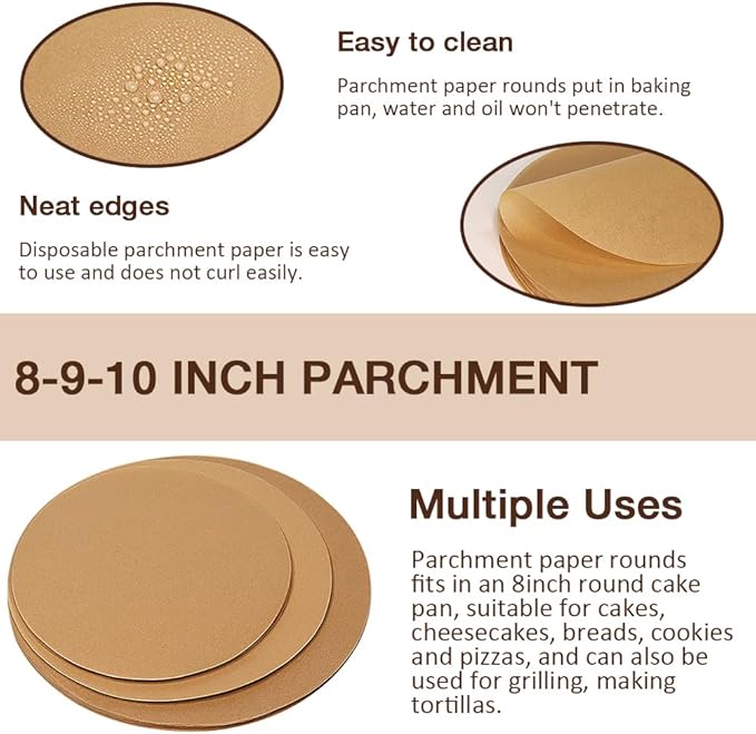 300 Pcs 8, 9, 10 Inch Round Parchment Paper, Round Parchment Paper for Baking, Parchment Liners for Tortillas, Cake Pan