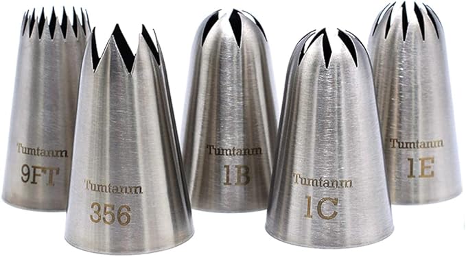 5 Pack Extra Large Piping Nozzles, 9FT 1B 1C 1E 356# Seamless Stainless Steel Piping Icing Tips for Cupcake