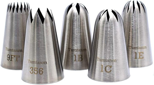 5 Pack Extra Large Piping Nozzles, 9FT 1B 1C 1E 356# Seamless Stainless Steel Piping Icing Tips for Cupcake