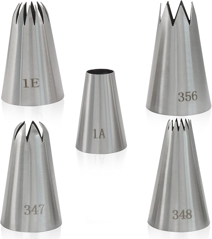 5 Pcs Large Piping Tips (1A 1E 348 347 356), Stainless Steel Frosting Icing Tips with Coupler & 12In Silicone Pastry Bag, Baking Tools for Birthday Cakes/Cupcakes/Cookie