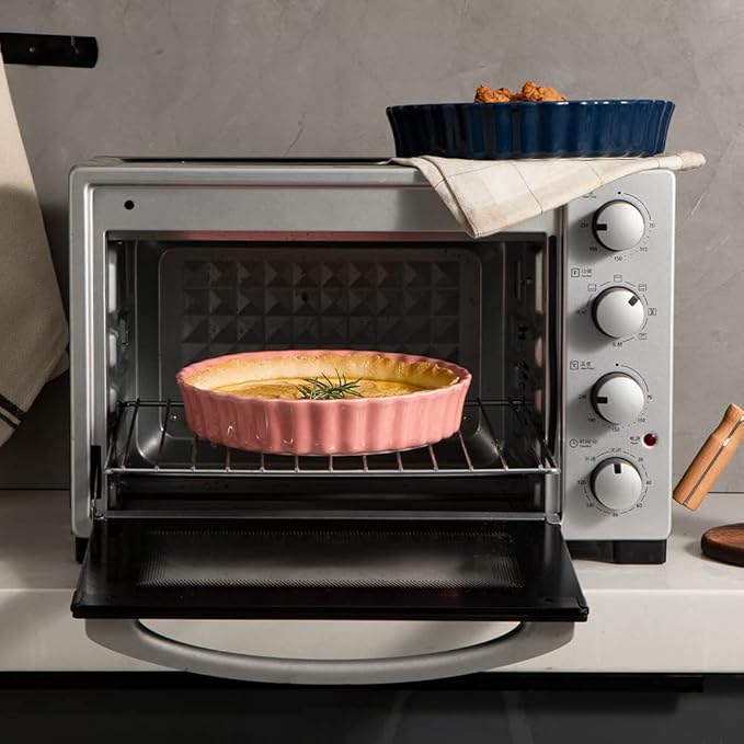 Sweejar Ceramic Pie Pan for Baking, 9.5 Inches Round Wavelet Fringe Pie Dish, Non-Stick Pie Plate for Pumpkin Pie, Apple Pie, Pie Pots (Pink)