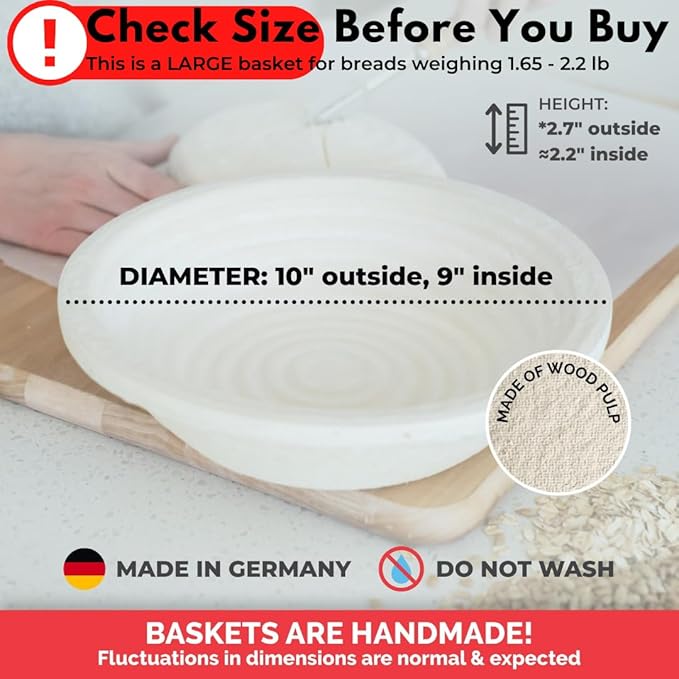 Bulka Large Round 9" 1kg Groove Banneton Bread Proofing Basket Pressed Wood Pulp, Sourdough Proofing Basket - Non-Stick Bread Proofing Bowl Sourdough Bread Baking Supplies, Made in Germany.