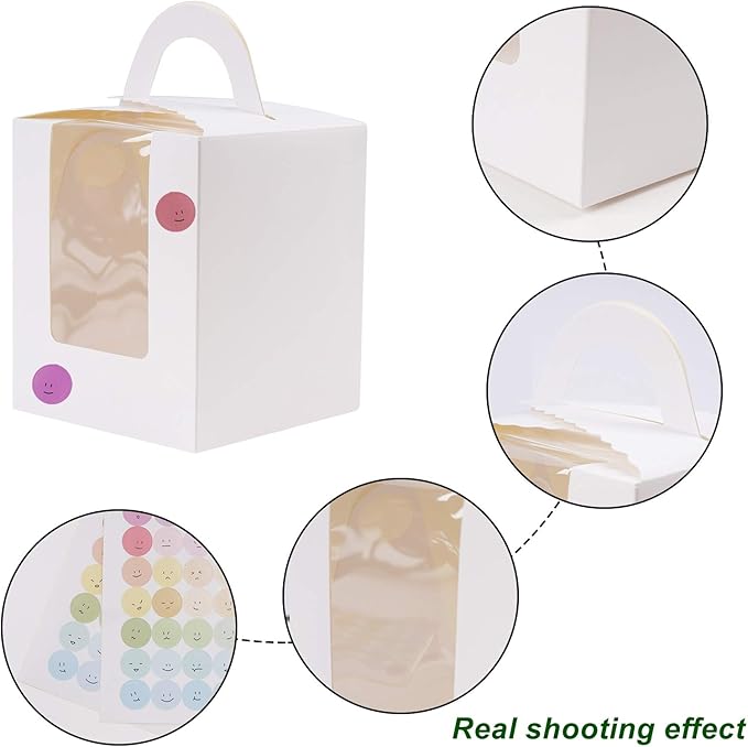30 Pcs Individual Cupcake Boxes White Single Cupcake Boxes 1 Hole Cake Box with Clear Window Inserts and 2 Sheets of Stickers for Wedding Birthday Party Favors