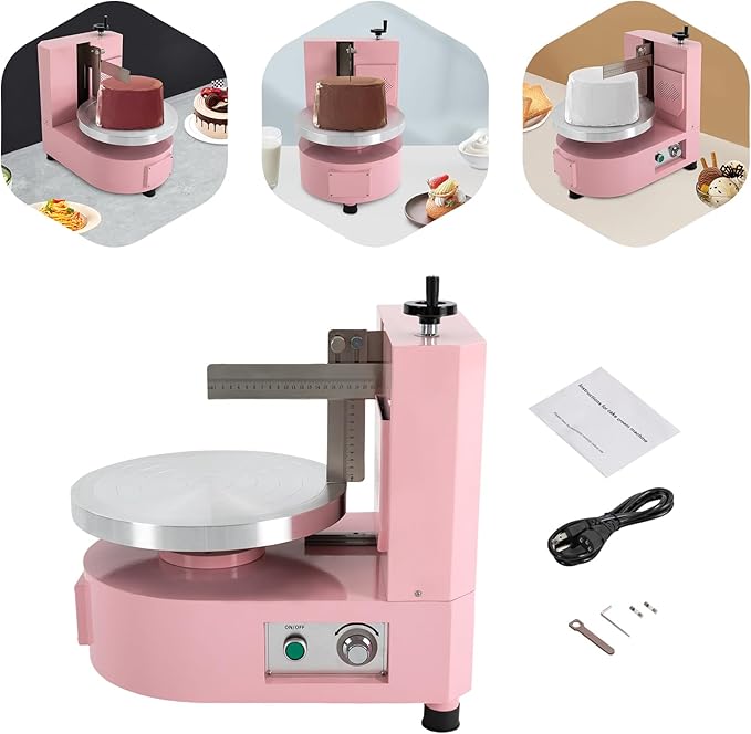 Cake Decorating Coating Machine with Graduated Scraper, 0-200RPM Rotating Speed Cream Spreading Automatic Frosting Turntable for 4-12inch Cakes (Pink)