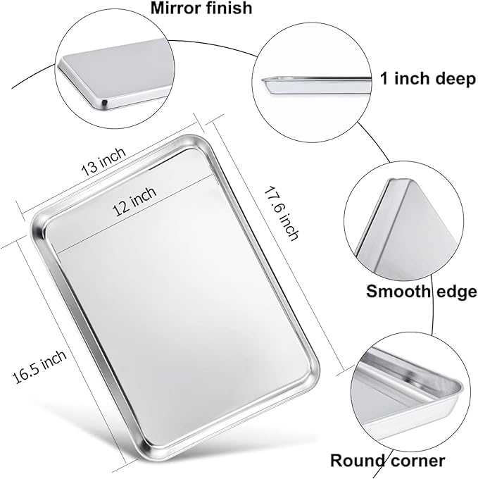 TeamFar Baking Sheet, 17.6’’ x 13’’ x 1’’ Stainless Steel Large Cookie Sheet Baking Tray Pan for Oven, Non-Toxic & Healthy, Rust Free & Heavy Duty, Mirror Finish & Dishwasher Safe