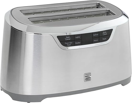 Kenmore Toaster 4 Slice - Extra Wide Slot Countertop Kitchen Appliance, Defrost Function, Grille-Pain, 9 Shade Settings, Easy Clean Crumb Tray, Bread Bagel, Stainless Steel & White (Silver)