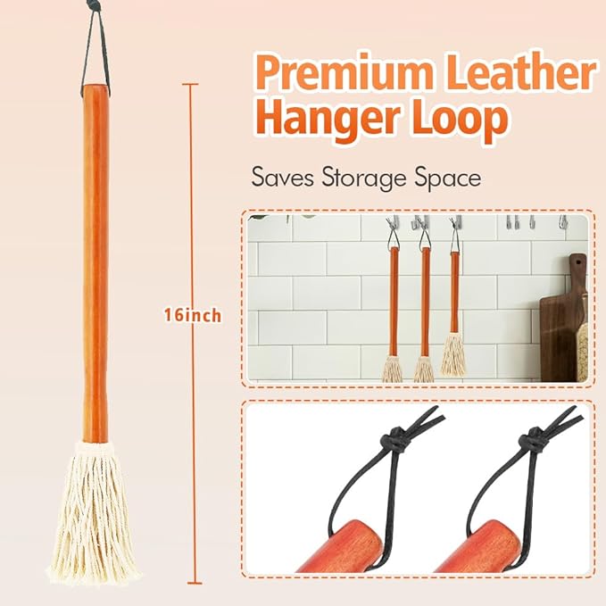 16" BBQ Sauce Basting Mops & Brushes for Roasting or Grilling, Apply Barbeque, Marinade or Glazing, Cotton Fiber Head and Hardwood Handle, Dish Mop Style, Perfect for Cooking or Cleaning - Pack of 3