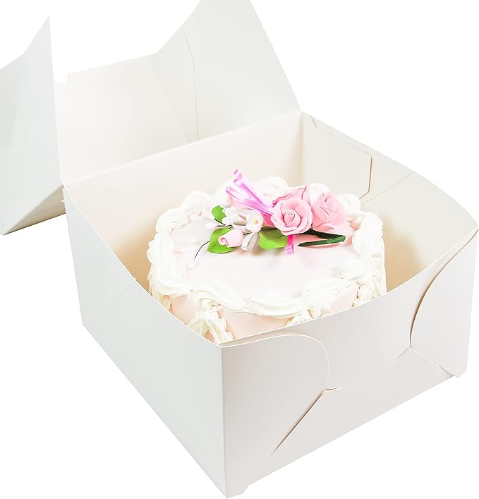 Global Sugar Art Auto-Popup Deep Square Cake Box with Window, White 8 x 8 x 5 Inches, 5 Count