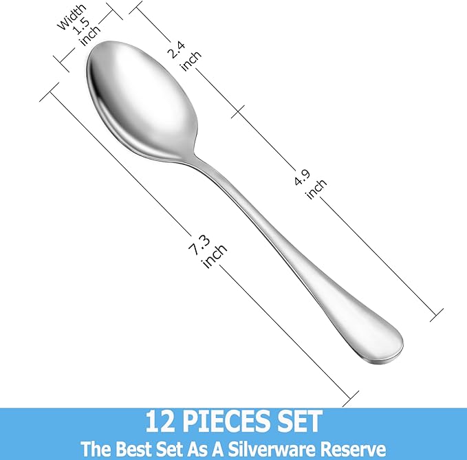 12 Pcs Dinner Spoon Set,Premium Food Grade Stainless Steel Spoons,Durable Metal Spoon,Tablespoon,Spoons Silverware Only,Mirror Finish & Dishwasher Safe,Use for Home,Kitchen and Restaurant - 7.3 inch