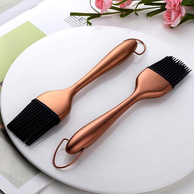 2 Pack Grill Basting Brush with 2 Pack Back Up Silicone Brush Heads, No Shed Bristles Stainless Steel Handles Heatproof Rust Resistant, Pastry Brushes for Kitchen Cooking BBQ,Dishwasher Safe Rose Gold