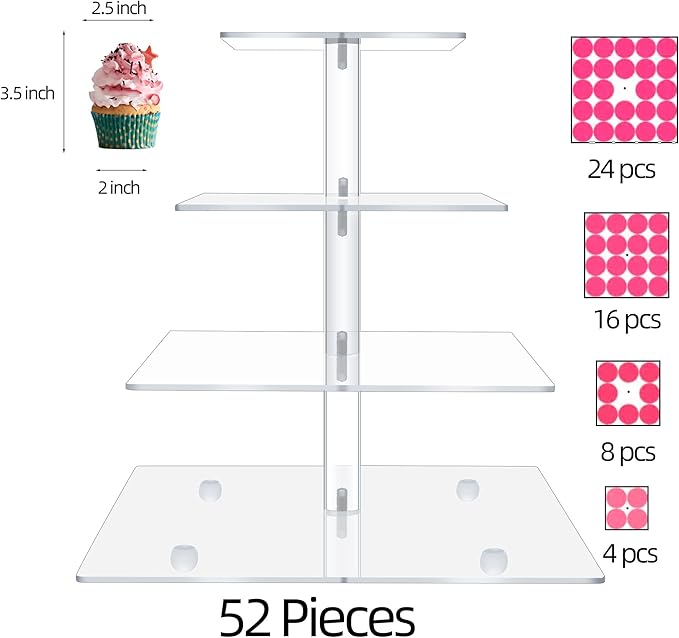 Clay Tonic 4 Tiered Square Acrylic Glass Premium Cupcake Holder-Cake Stand-Cupcake Stand-Dessert Stand-Tea Party Serving Platter (Square)