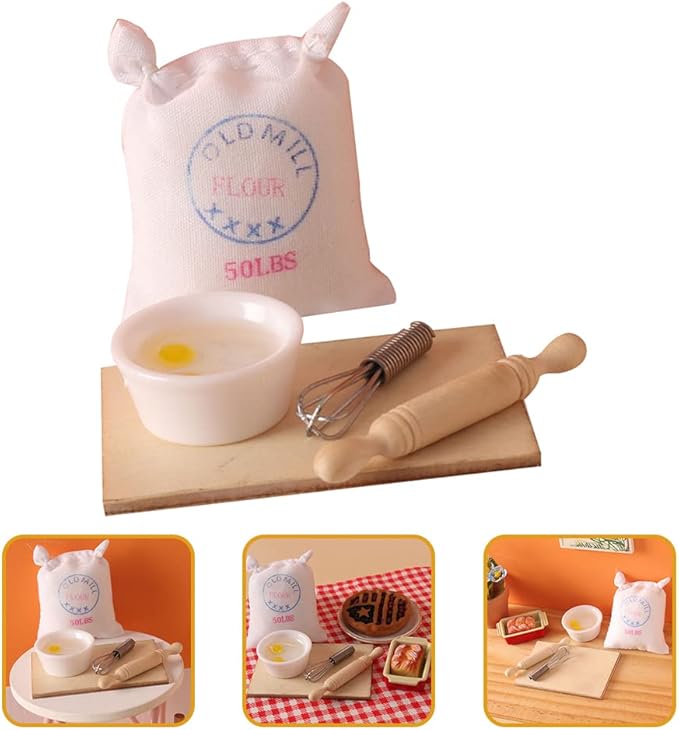 LUOZZY 10 Pcs Miniature Flour Bag Eggbeater Rolling Pin Cutting Board Model Photo Props DIY Baking Tools Toys