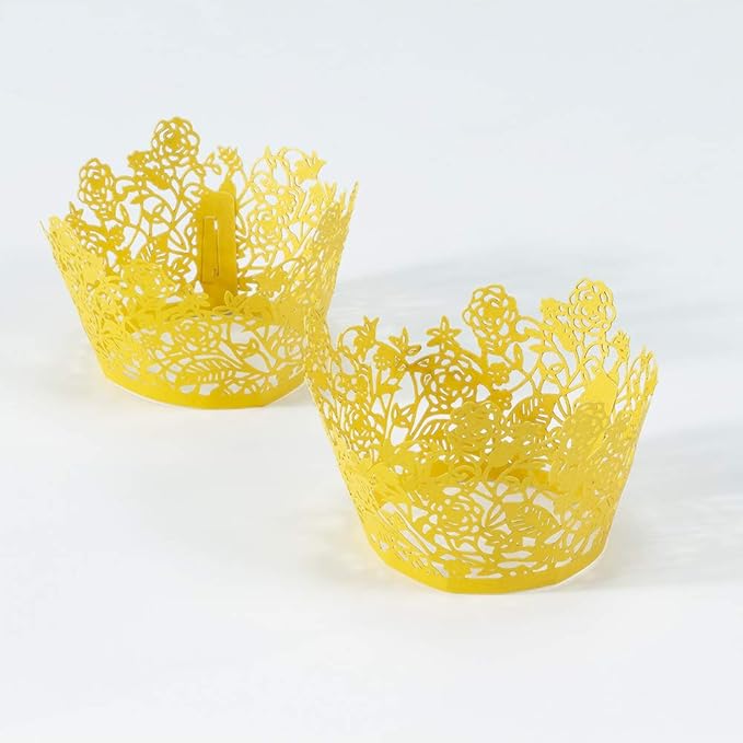 YOZATIA 60pcs Gold Rose Lace Cupcake Wrappers Holders, Laser Cut Cupcake Liners Decorative Liners for Wedding Party Birthday Cake Decoration Supplies