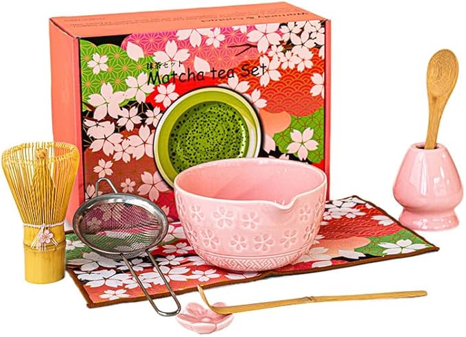 Matcha Whisk and Bowl Set, 8 PCS Pink Matcha Kit Includes Bowl with Spout, Whisk,Holder,Bamboo Scoop and Sifter, Unique Gift for Matcha Lovers (Pink)