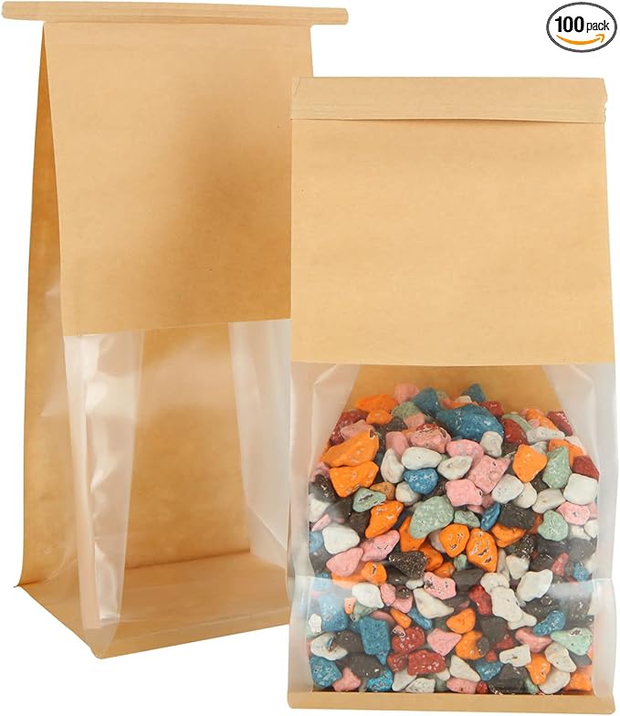 QTLCOHD 100 Pcs Bakery Bags with Window - 5.1 x 4.3 x 11 Inch Tin Tie Tab Lock Small Paper Bread Bags for Homemade Bread, Cookie, Pastry, Loaf, Treat Packaging, Brown