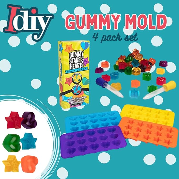 Star & Heart Silicone Candy Molds 4 Pack with 2 Droppers- Nonstick Gummy, Chocolate, Ice Cube & Baking Molds- BPA-Free Trays for Holiday Treats, Fall Crafts, Birthday Party Favors & DIY Gifts for Kids