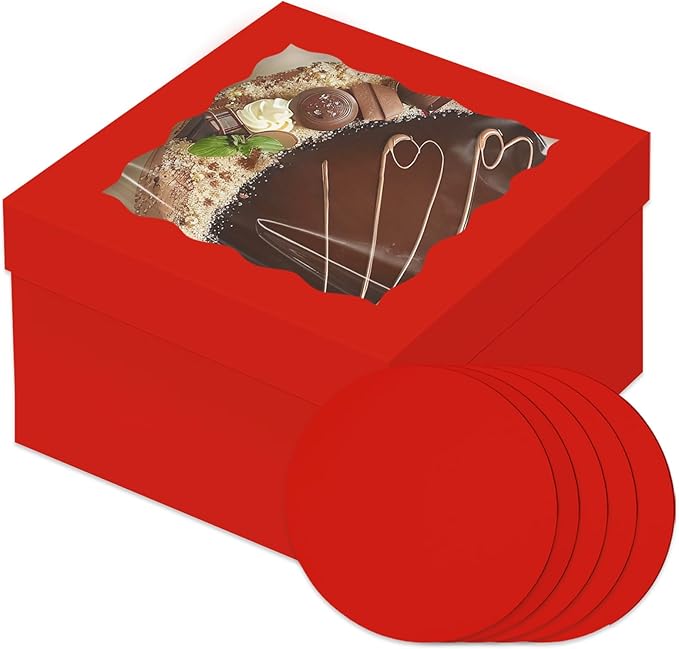 Bakepacker 36pcs 12x12x6 Inches Cake Boxes with Window 18-Packs Red Cake Boxes 12 Inch Bakery Boxes (18 Cake Boxes +18 Cake Boards)